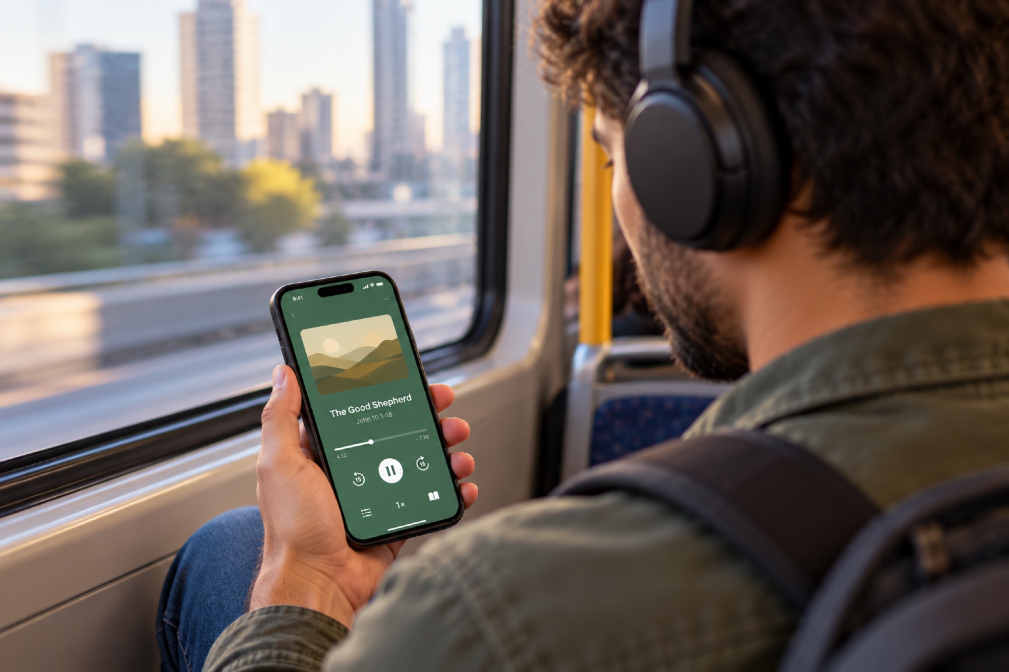 Un hombre en un tren escucha un pasaje de la Escritura en su teléfono.