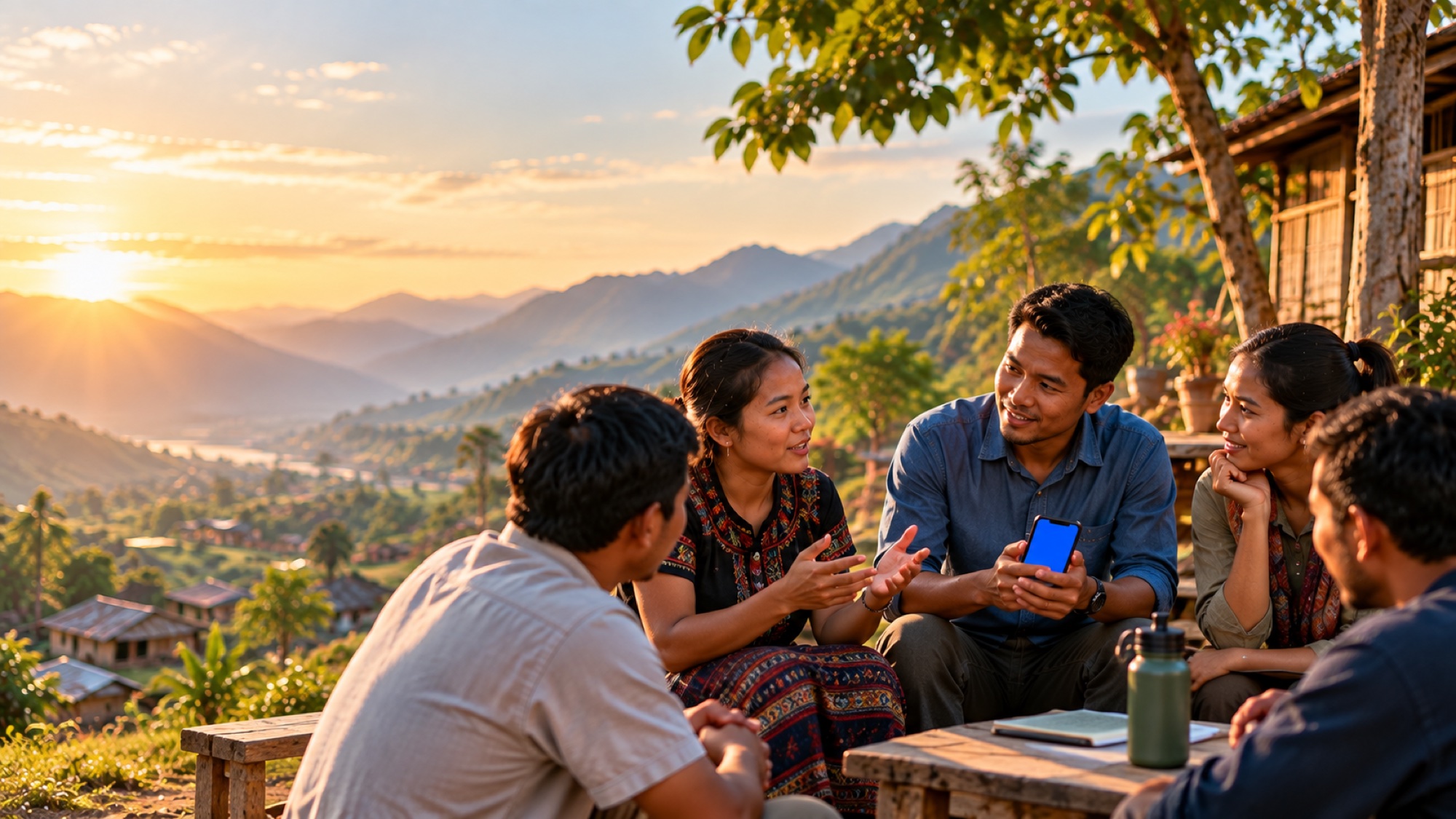 Amigos en una ladera al atardecer se reúnen alrededor de un teléfono.