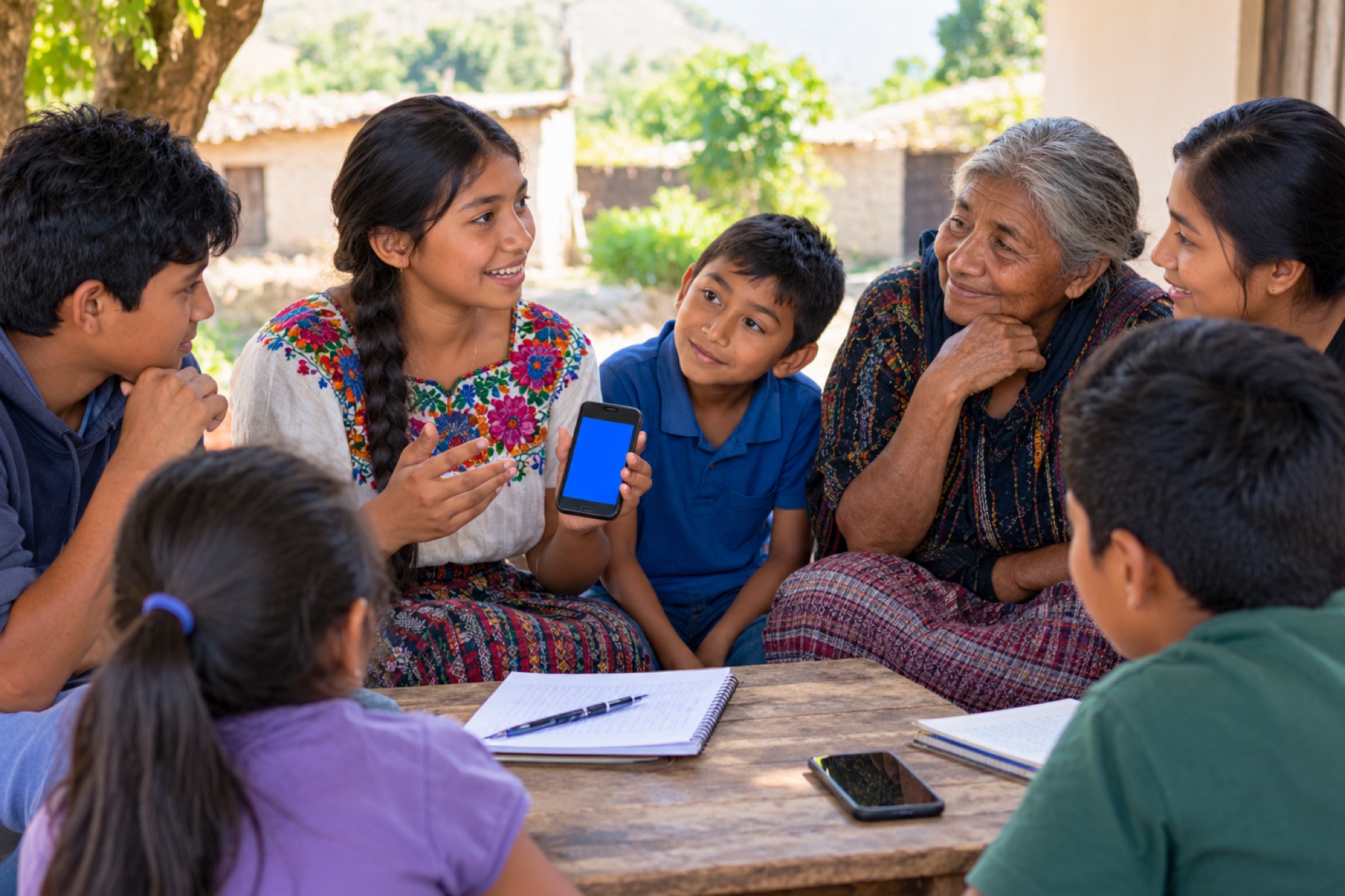 Una niña levanta un teléfono para mostrárselo a su abuela y a la familia alrededor de una mesa.
