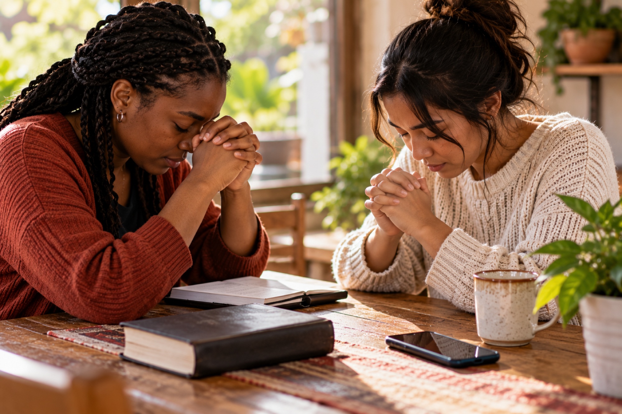 Dos mujeres oran juntas en una mesa con una Biblia y un teléfono.