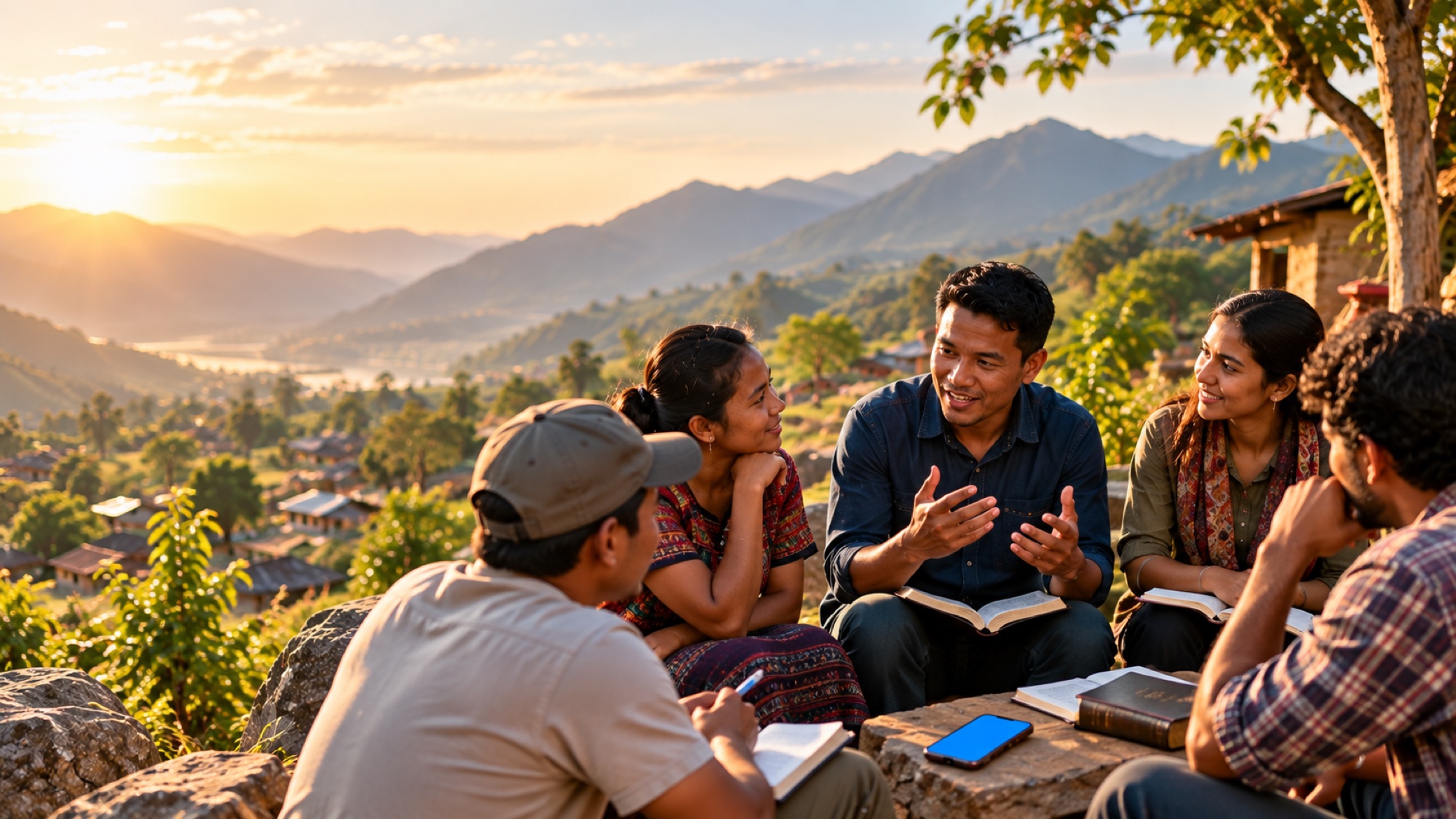 A small group studies the Bible on a hillside above a valley.