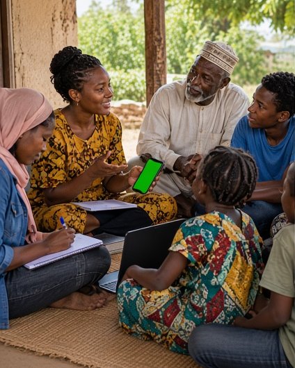 A small group sits together looking at a phone.