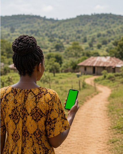 The woman walks a dirt path holding the phone.