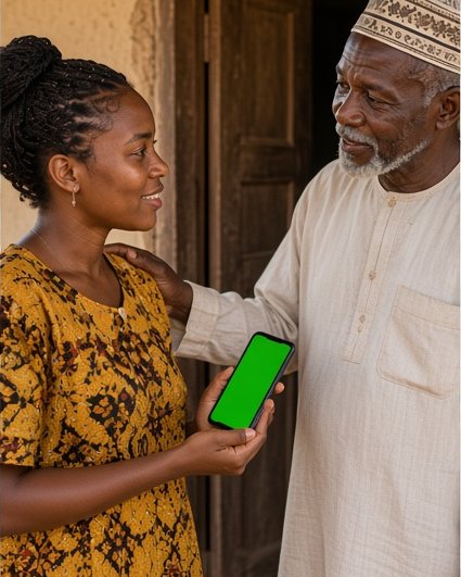 An older man rests a hand on a woman's shoulder as she holds a phone at the doorway.